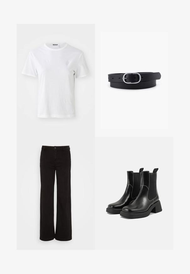 Hvid T-shirt med korte ærmer lavet af blødt stof. Har en rund halsudskæring og en lige pasform, med en label på den indre krave.; American Eagle BAGGY WIDE LEG - Wide leg - black wash; Sorte læder Chelsea-støvler med en kraftig hæl, elastiske sidepaneler og kontrastfarvet hvid syning. Tekstureret overflade.; Sort læderbælte med en glat overflade, oval sølvmetalspænde og flere justeringshuller langs stroppen. Flad, minimalistisk design.