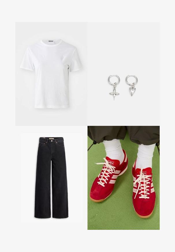 Camiseta blanca de manga corta hecha de una tela suave. Cuenta con un escote redondo y un corte recto, con una etiqueta en el cuello interior.; Jeans de pierna ancha negros hechos de denim, con cinco bolsillos, remaches de cobre y un cierre clásico de botón. Textura suave con un diseño limpio.; Zapatillas deportivas de ante rojo y malla con rayas y cordones blancos. Suela de goma. Llevadas con calcetines blancos de canalé sobre una superficie verde texturizada.; Pendientes de aro de plata con un charm de cruz y corazón. Textura suave y brillante con un acabado pulido. Cada charm cuelga de un lazo seguro.