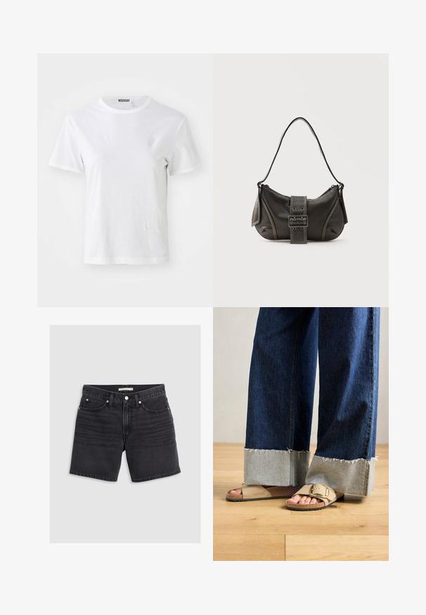 Camiseta blanca de manga corta hecha de una tela suave. Cuenta con un escote redondo y un corte recto, con una etiqueta en el cuello interior.; Shorts de mezclilla negra con un diseño clásico de cinco bolsillos, cierre de botón de metal y costuras en contraste con un ligero detalle desgastado.; Pies con sandalias Birkenstock beige con hebillas de oro, combinadas con jeans de mezclilla azul oscuro enrollados en los puños, de pie sobre un suelo de madera.; Bolso de hombro de cuero negro con detalle de correa con hebilla, bordes curvos y costuras blancas en contraste sobre un fondo liso.