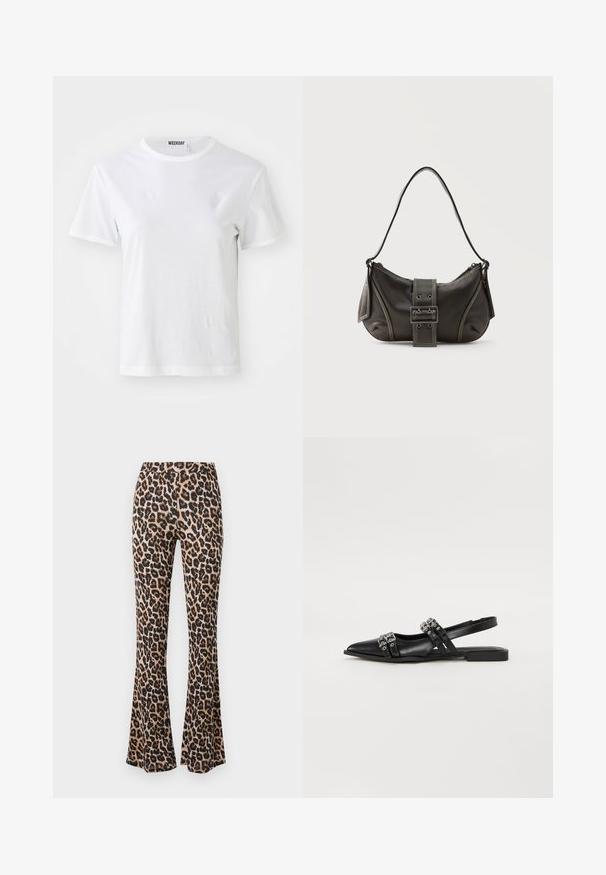 Camiseta blanca de manga corta hecha de una tela suave. Cuenta con un escote redondo y un corte recto, con una etiqueta en el cuello interior.; Pantalones acampanados de estampado de leopardo en tono marrón y negro, hechos de una tela suave con una textura lisa, con una cintura ajustada y un dobladillo acampanado.; Even&Odd by Zalando Bailarinas con tira trasera - black; Bolso de hombro de cuero negro con detalle de correa con hebilla, bordes curvos y costuras blancas en contraste sobre un fondo liso.
