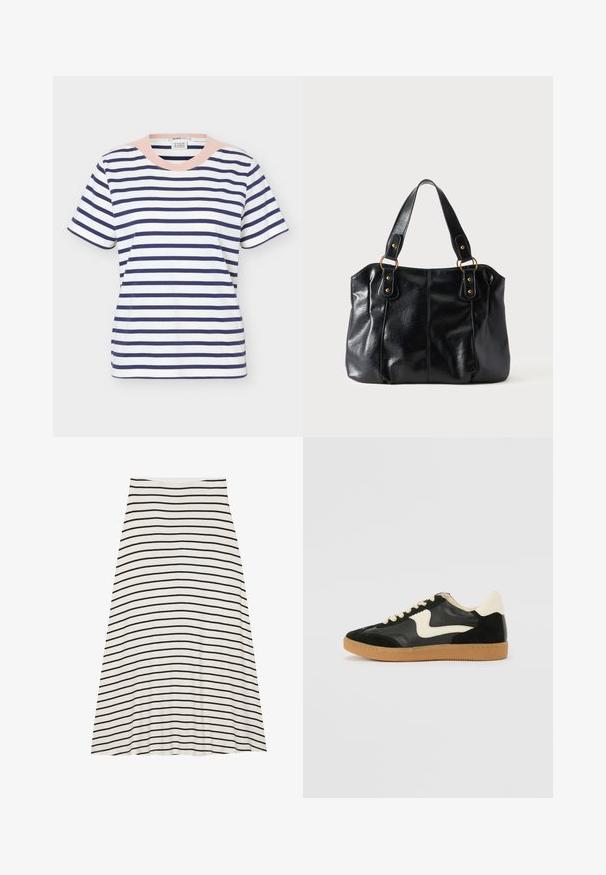 T-shirt en coton à manches courtes avec des rayures horizontales bleu marine et un col rond rose clair, vue de face sur fond uni.; Une jupe longueur genou en tissu doux, avec des rayures horizontales noires et blanches alternées, une silhouette évasée et une ceinture confortable.; Baskets en daim et cuir noir avec un swoosh latéral crème et un talon crème clair. Dotées de lacets beige et d'une semelle en caoutchouc gomme.; Sac à épaule en cuir noir avec double anses attachées par des anneaux et rivets dorés, surface lisse et légèrement brillante, design simple.
