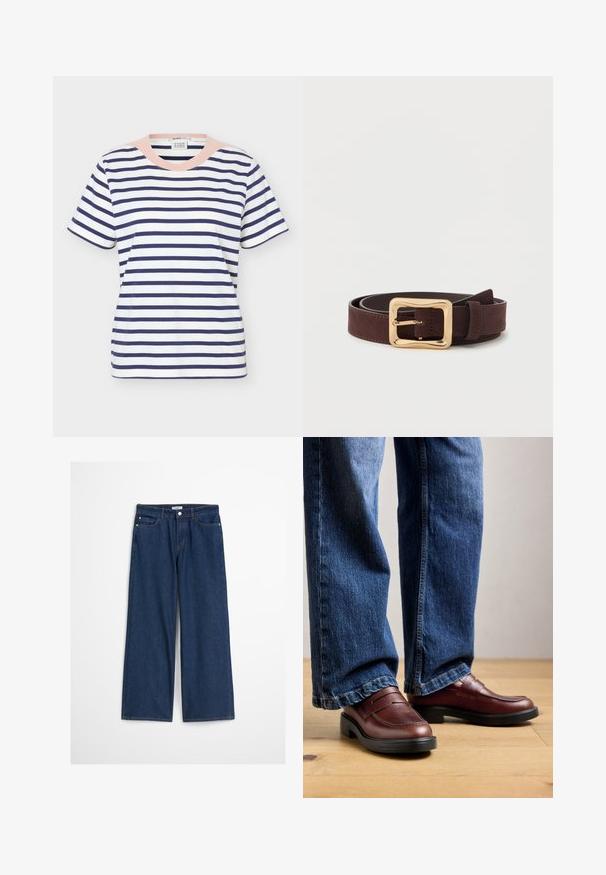 Kortærmet bomulds-T-shirt med marineblå horisontale striber og en lyserød rund halsudskæring, set forfra på en ensfarvet baggrund.; Mørkeblå lige ben-jeans med høj talje, lavet af denim. Har forlommer, bæltestropper og knaplukning. Klassisk design.; Person iført brune læder loafers og blå jeans står på et trægulv mod en neutral baggrund.; Mørkebrunt læderbælte med en bred gylden firkantet spænde, samlet fladt på en hvid overflade.