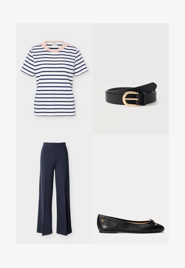 T-shirt en coton à manches courtes avec des rayures horizontales bleu marine et un col rond rose clair, vue de face sur fond uni.; Pantalon large bleu marine avec fentes latérales, taille haute et devant lisse, présenté sur un fond blanc.; Ballerine en cuir noir avec petit nœud et détail de logo doré au talon, semelle plate et bout arrondi.; Ceinture en cuir noir enroulée avec une boucle incurvée dorée brillante et une passant de ceinture sur un fond blanc uni.