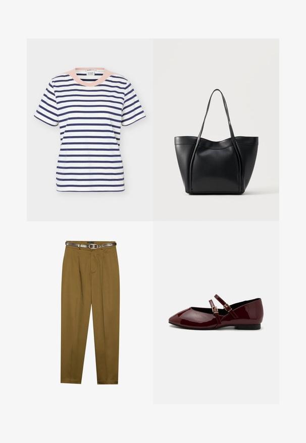 T-shirt en coton à manches courtes avec des rayures horizontales bleu marine et un col rond rose clair, vue de face sur fond uni.; Pantalons marron ajustés avec une taille plissée et une ceinture bien ajustée. Ceinture en cuir brun foncé incluse, dotée d'une boucle ronde.; Anna Field Babies - dark red; Sac cabas en cuir noir avec deux longues anses et un bord supérieur légèrement incurvé, présenté sur un fond clair uni.