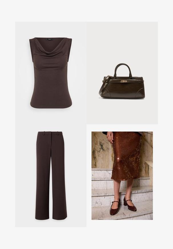 Brauner ärmelloser Top mit einem drapierten Rollkragen, aus weichem Stoff gefertigt. Glatte Textur mit einer figurbetonten Silhouette und ohne sichtbare Hardware.; Dunkelbraune Hose mit weitem Bein, Gürtelschlaufen und verdecktem vorderem Verschluss, flach auf weißem Hintergrund dargestellt.; Eine Frau trägt einen braunen Pailletten-Midi-Rock und dunkle, krokodilstrukturiertes Mary-Jane-Absätze und steht auf Marmortreppen.; Dunkelbraune Lederhandtasche mit einer strukturierten Form, zwei Griffen und einem abnehmbaren Schulterriemen, verziert mit goldfarbenen Beschlägen.