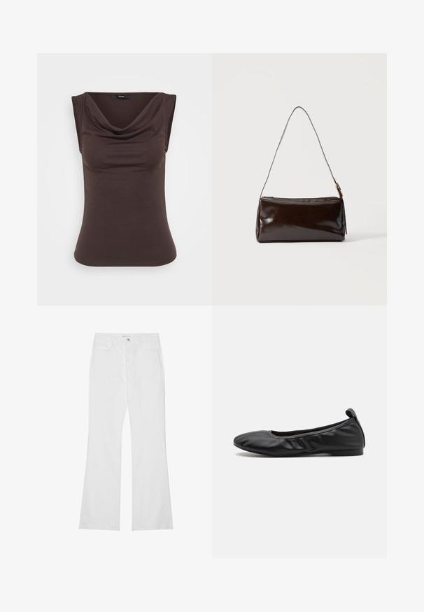 Haut sans manches marron avec un col drapé, fabriqué à partir d'un tissu doux. Texture lisse avec une silhouette ajustée et aucun matériel visible.; Jean évasé blanc en denim de coton, avec deux poches avant, une fermeture éclair et un bouton en métal. Texture lisse avec un minimum de détails.; Ballerines en cuir noir avec un bout arrondi, des détails froncés sur les côtés et un petit onglet au talon à l'arrière. Texture lisse.; Sac à bandoulière rectangulaire en cuir marron foncé avec une seule sangle fine et une boucle dorée sur un fond uni.