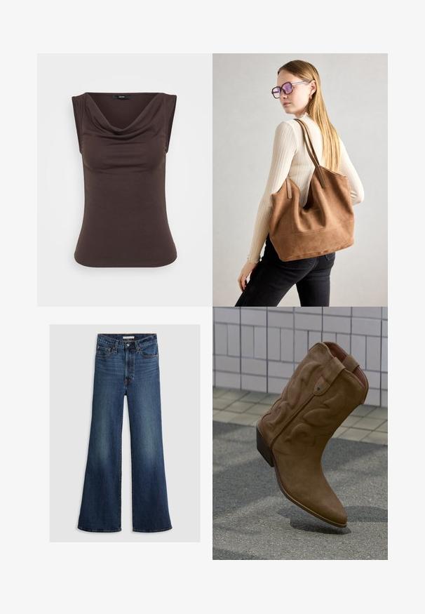 Brauner ärmelloser Top mit einem drapierten Rollkragen, aus weichem Stoff gefertigt. Glatte Textur mit einer figurbetonten Silhouette und ohne sichtbare Hardware.; Weite Jeans aus dunkelblauem Denim mit hoher Taille, Fünf-Taschen-Design und kontrastierenden Nähten entlang der Nähte und des Bunds.; Brauner Wildleder-Cowboystiefel mit dekorativer Naht und gestapeltem Absatz, auf einem Außenfliesenbelag aufrecht stehend.; Braune Wildleder-Tasche mit weicher Textur, großer Öffnung und langen Trägern. Sie verfügt über ein simples Design mit sichtbarem Stich und ohne Beschläge.