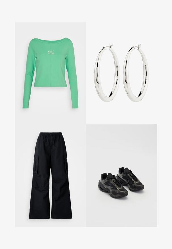 Chemise à manches longues, cropped, de couleur vert menthe, en coton lisse, avec un col rond et un logo Nike Air blanc sur la poitrine.; Pantalons cargos noirs avec des jambes larges, taille élastique, cordon de serrage ajustable et deux poches latérales. Fabriqués en tissu léger et lisse.; Chaussures de sport noires en matériau synthétique, avec des accents en mesh et des semelles arrondies. Équipées d'un système de laçage et d'un logo Nike bien visible sur la languette.; Boucles d'oreilles en argent en forme de halo, avec une surface lisse et réfléchissante. Forme ronde et large avec un fermoir sécurisé en haut. Fini poli mettant en valeur l'éclat.