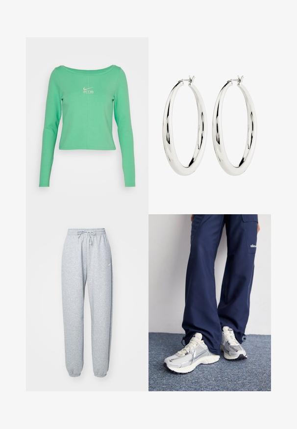 Camisa de manga larga, corta, en verde menta, hecha de algodón suave, con un escote redondo y un logo blanco de Nike Air en el pecho.; Pantalones de chándal gris claro hechos de una suave mezcla de algodón, con cintura elástica y cordón, perneras ajustadas y puños acanalados. Detalles de marca mínimos.; Zapatillas deportivas Nike con parte superior de malla plateada, acentos blancos y suelas texturizadas, combinadas con pantalones azul marino de corte holgado.; Pendientes de aro de plata con una superficie lisa y reflectante. Forma redonda y grande con un cierre seguro en la parte superior. El acabado pulido resalta el brillo.