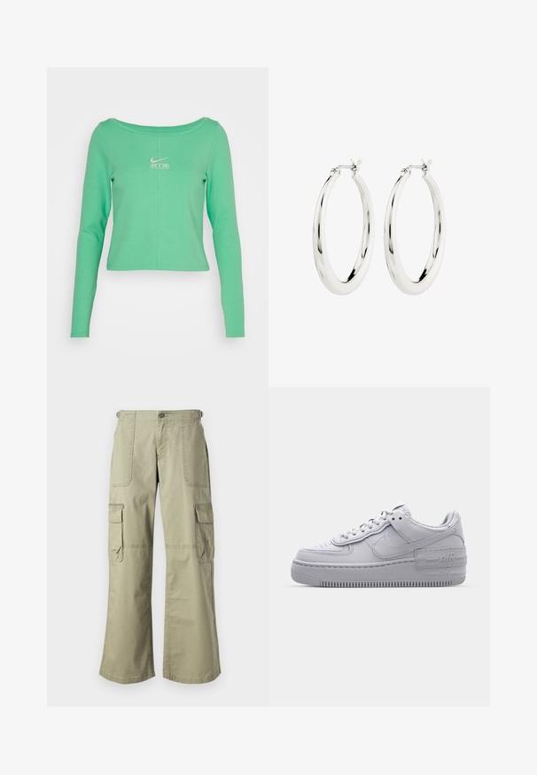 Pikkade varrukatega, lühikese lõikega piparmündiroheline särk, mis on valmistatud siledast puuvillast, ümmarguse kaelusega ja valge Nike Air logo rinnal.; Kerged kargomustriga püksid laia lõikega, kahel küljetaskul, esimesel nööbiga sulgusel ja laia säärega. Puuvillane kangas, millel on sile tekstuur.; Hallitus hallid Nike Air Force 1 sneakerid, millel on augustatud varvas, siledast nahast ülemine osa, paks tall ning reljeefne 'AIR' detail kontsapadjal.; Hõbedased rõngaskõrvarõngad siledast ja läikivast viimistlusest. Ringikujuline, sisaldab kindlat kinnitust. Lihtne ja elegantne disain.