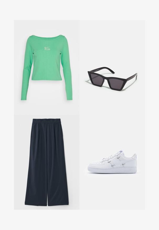 Dlhý rukáv, skrátená, mentolovo zelená košeľa vyrobená z hladkej bavlny, s okrúhlym výstrihom a bielym logom Nike Air na hrudi.; Tmavomodré nohavice s širokými nohavicami vyrobené z mäkkej tkaniny; obsahujú elastický pás a dve bočné vrecká pre pohodlie.; Nike Sportswear AIR FORCE 1 - Tenisky - white/hyper royal/black; Čierne, ostré slnečné okuliare so sivými sklami; vyrobené z plastu, majú hrubé ramená s hladkým povrchom a bez viditeľnej mechaniky.