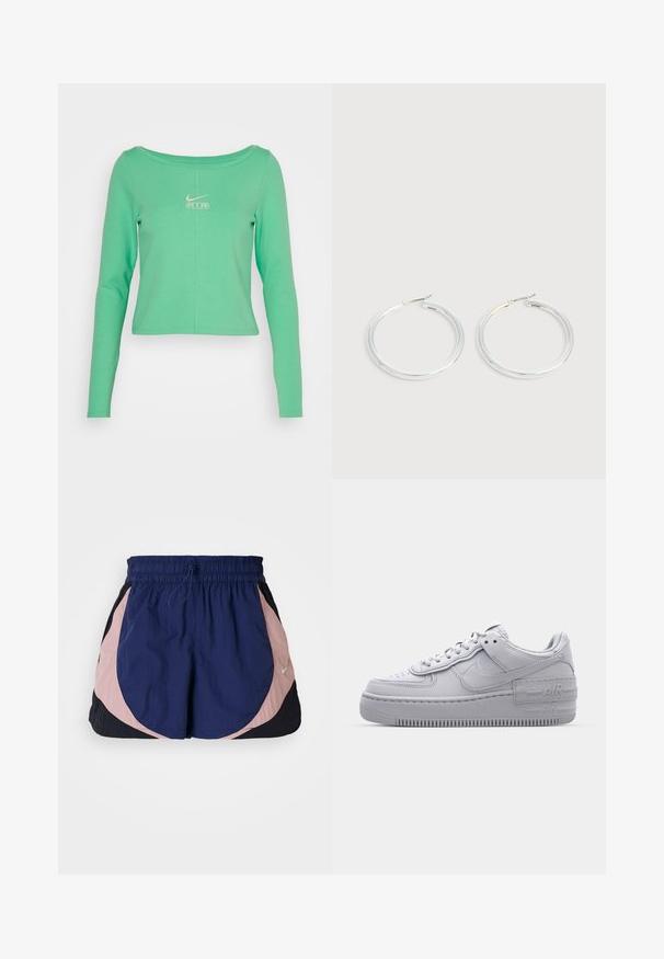 Pikkade varrukatega, lühikese lõikega piparmündiroheline särk, mis on valmistatud siledast puuvillast, ümmarguse kaelusega ja valge Nike Air logo rinnal.; Nike spordilühikesed püksid elastse vöökohtaga, millel on tumesinine, roosa ja must paneel. Valmistatud kergest tekstuuriga kangast.; Hallitus hallid Nike Air Force 1 sneakerid, millel on augustatud varvas, siledast nahast ülemine osa, paks tall ning reljeefne 'AIR' detail kontsapadjal.; Paari läikiva hõbedase rõngaskujulise kõrvarõngastega, millel on õhukesed traatlukkud, kuvatud heleda halli taustal.