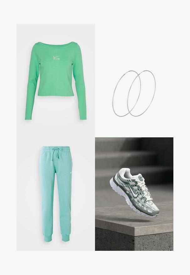 Langsleeve, cropped shirt in mintgroen van glad katoen, met een ronde halslijn en een wit Nike Air-logo op de borst.; Mintgroene sweatshirtbroek met een elastische tailleband, koord en geribde boorden. Bevat een klein wit Nike-logo op de linker bovenbeen.; Witte en grijze Nike hardloopschoen met gedempte zool, zwevend boven een betonnen richel tegen een vervaagde grijze achtergrond.; Zilveren hoepel oorbellen met een minimalistisch ontwerp. Cirkelvormig, gladde textuur en dun profiel. Lichtgewicht met een gepolijste afwerking.