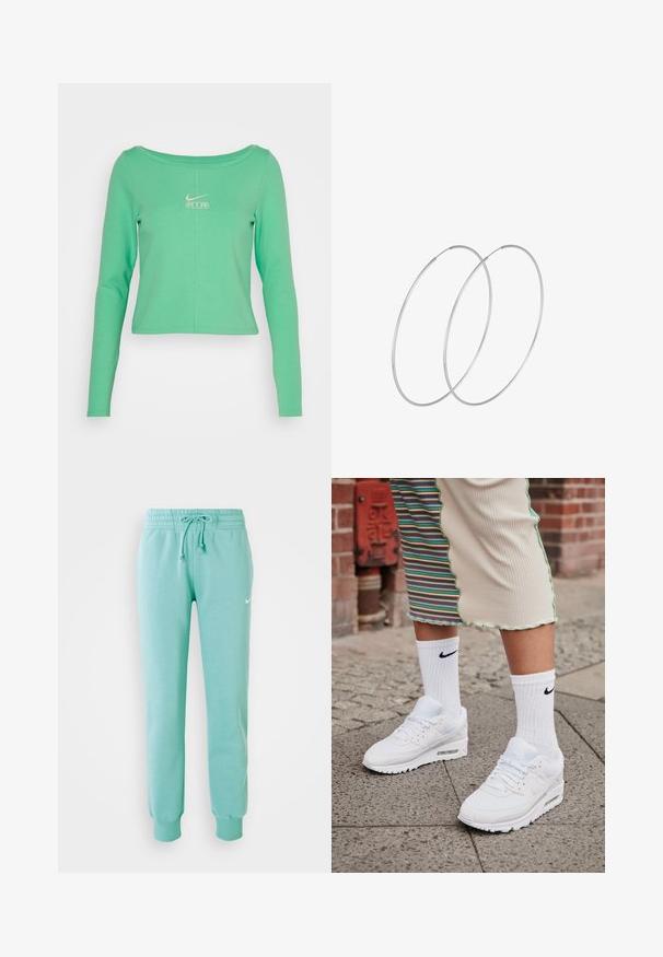 Langsleeve, cropped shirt in mintgroen van glad katoen, met een ronde halslijn en een wit Nike Air-logo op de borst.; Mintgroene sweatshirtbroek met een elastische tailleband, koord en geribde boorden. Bevat een klein wit Nike-logo op de linker bovenbeen.; Witte Nike Air Max 90 sneakers met een bovenwerk van mesh en leer, voorzien van een zichtbare luchtunit, gecombineerd met witte geribbelde sokken met een zwart logo.; Zilveren hoepel oorbellen met een minimalistisch ontwerp. Cirkelvormig, gladde textuur en dun profiel. Lichtgewicht met een gepolijste afwerking.