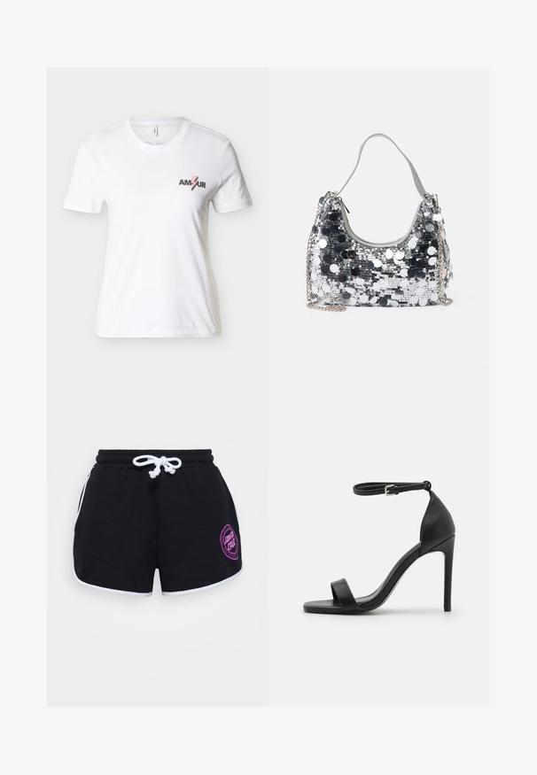 Hvid T-shirt med korte ærmer og rund hals med teksten "AMOUR" og en pink lyngrafik på venstre bryst.; Sorte shorts lavet af bomuld med en hvid snor i taljen, hvid kant og et lilla cirkulært logo på forsiden til højre.; Sort højhælet sandal med et sleek design, der har en ankelrem, åben tå og glat lædertekstur.; Sølvglitrende håndtaske med rund form, blød håndtag og sølvfarvet kædestrop. Har en lynlåslukning og reflekterende detaljer.