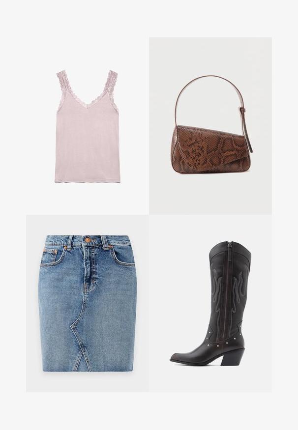 Lyserød ærmeløs camisole med blonderkantet V-hals og stropper, lavet af blødt, glat stof, vist på en hvid baggrund.; Denimnederdel i mellemblå med et tætsiddende design, forlommer og skrå sømdetaljer. Standard talje med metalknaplukning.; Brune læder cowboystøvler med flammebroderi, sidelukning med lynlås, sølvnitter, spids snude og lagdelt hæl.; Brun skuldertaske i læder med slangeskindsmønster, lukkes med klap og har en enkelt justerbar rem mod en ensfarvet baggrund.