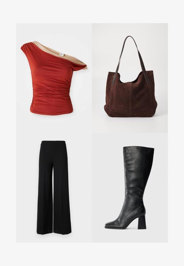 Top ajustado de un solo hombro en tejido elástico en color óxido y nude, con fruncidos laterales que aportan textura y un diseño minimalista.; Pantalones de pierna ancha negros con una textura suave, que presentan una cinturilla alta y sin cierres visibles. Diseño simple y limpio.; Bota negra hasta la rodilla hecha de cuero liso, con punta cuadrada y tacón grueso tipo bloque. Diseño sencillo sin adornos.; Bolso tote de ante marrón con dos asas de cuero oscuro. Textura suave, parte superior redondeada y un interior espacioso. Sin herrajes o adornos visibles.