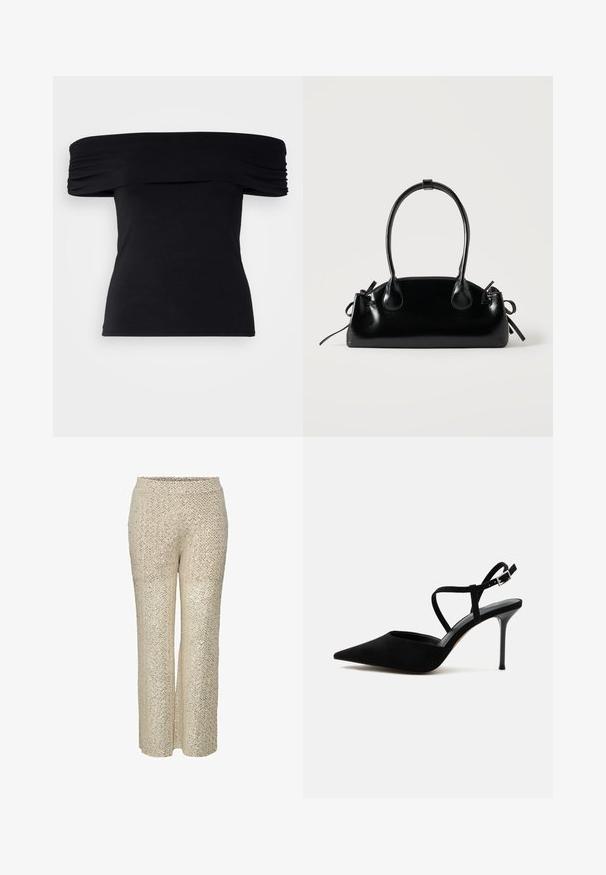 Sort off-shoulder top lavet af blødt stof. Har draperede detaljer langs ærmerne og en tætsiddende silhuet.; Beige palazzo bukser med pailletter og zigzag-mønster, høj talje og bred ben-design, der har en glat tekstur og en skinnende overflade.; Sort højhælet sko med spids tå, tynd stilethæl og tynde ankelremme med sølvspænde på hvid baggrund.; Lille sort blank håndtaske med to lange håndtag og snøre-detaljer i siden på en ensfarvet lys baggrund.