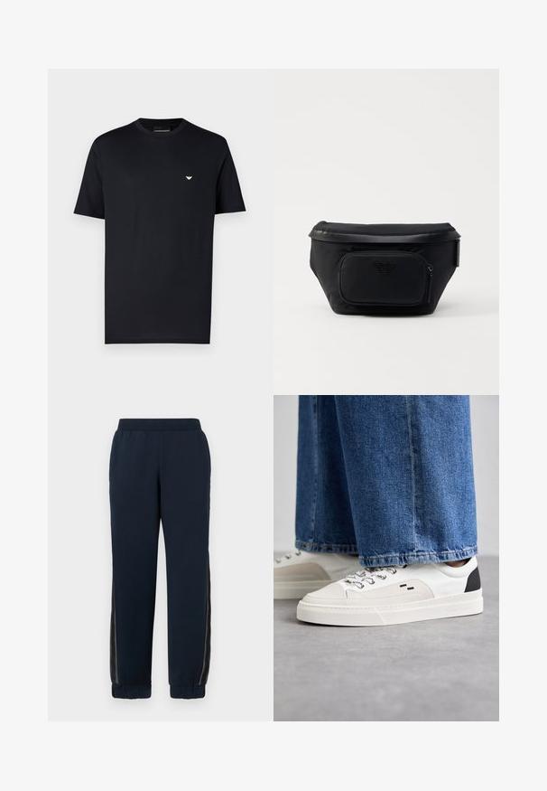 Sort bomuld T-shirt med rund hals, korte ærmer og et lille guldlogo på brystet. Glat tekstur, almindelig pasform.; Marineblå sweatpants med en blød tekstur, snævre manchetter og mesh-sider. Elastisk talje for komfort og casual pasform.; Hvide og sorte sneakers med en glat læderoverdel, teksturerede detaljer og en kraftig hvid sål. Har et klassisk snørebåndsdesign.; Sort nylon taske med en frontlomme med lynlås, der har en glat overflade og et logo som accent. Struktureret design med fold-over top.