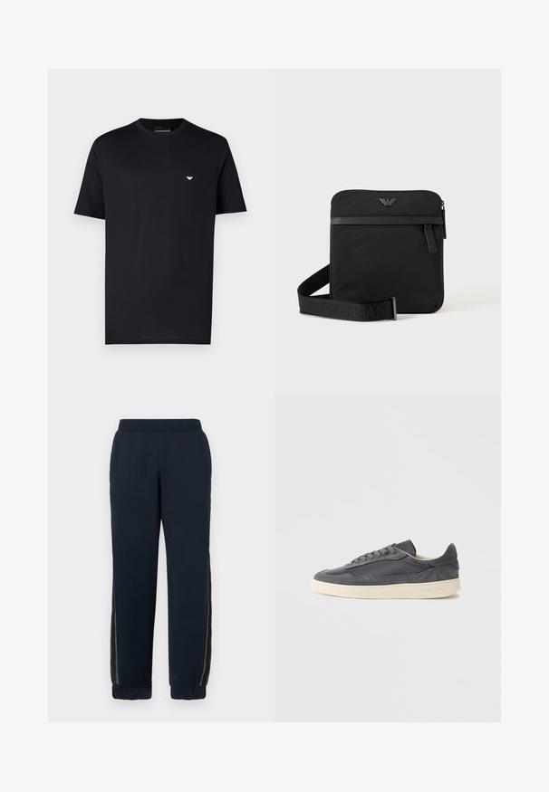 Schwarzes Baumwoll-T-Shirt mit Rundhalsausschnitt, kurzen Ärmeln und kleinem goldenem Logo auf der Brust. Glatte Textur, Standardpassform.; Navy Sweatpants mit weichem Material, schmal zulaufenden Bündchen und Netzseiteneinsätzen. Elastischer Bund für Komfort und legere Passform.; Dunkelgraue Sneakers aus Leder und Wildleder mit niedrigem Schnitt, ausgestattet mit einer cremefarbenen Gummisohle und flachen Schnürsenkeln.; Schwarze quadratische Schultertasche mit Reißverschluss, Vordertasche und verstellbarem Riemen mit eingeprägtem Markennamen.