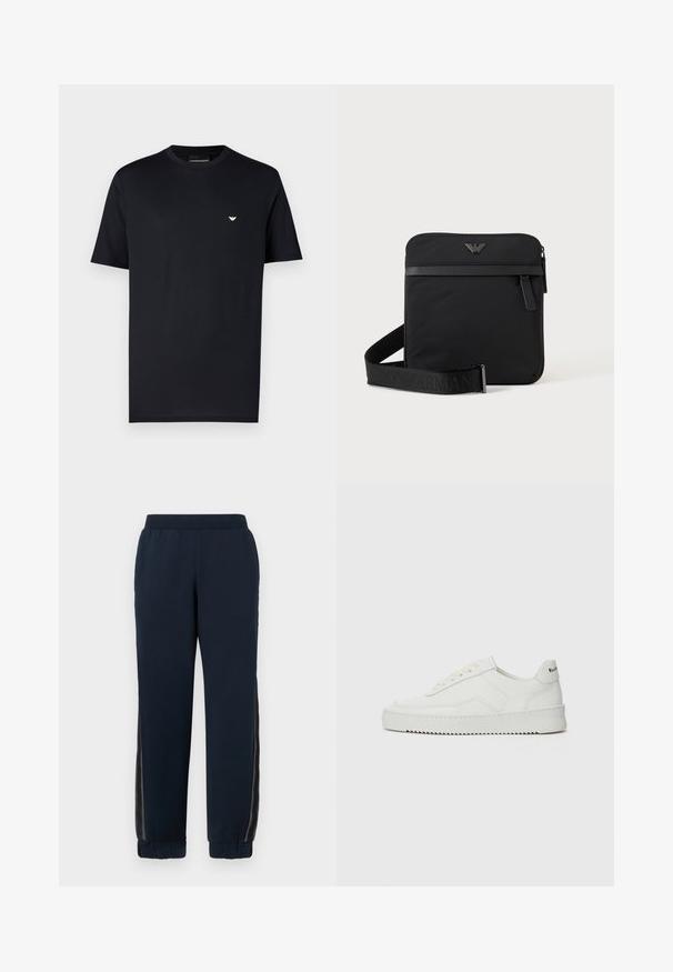 Schwarzes Baumwoll-T-Shirt mit Rundhalsausschnitt, kurzen Ärmeln und kleinem goldenem Logo auf der Brust. Glatte Textur, Standardpassform.; Navy Sweatpants mit weichem Material, schmal zulaufenden Bündchen und Netzseiteneinsätzen. Elastischer Bund für Komfort und legere Passform.; Weiße Ledersneaker mit glatter Oberfläche, runder Zehenpartie, flachen Schnürsenkeln und strukturiertem Sohlenprofil. Mit einem dezenten Logo an der Ferse.; Schwarze quadratische Schultertasche mit Reißverschluss, Vordertasche und verstellbarem Riemen mit eingeprägtem Markennamen.