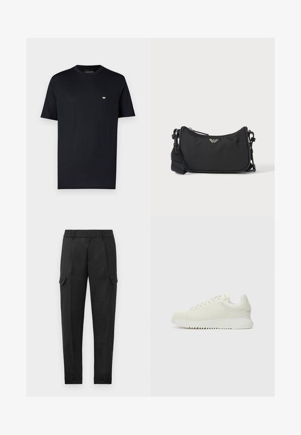 Sort bomuld T-shirt med rund hals, korte ærmer og et lille guldlogo på brystet. Glat tekstur, almindelig pasform.; Sorte cargo bukser med elastisk talje, tapered ben, sidelommer og en enkelt cargo lomme på venstre lår. Glat tekstur.; Hvide lædersneakers med struktureret overdel, rund tå, flad hvid sål og tonede snørebånd. Subtil branding på tungen.; Sort rektangulær crossbody taske med sølv brandlogoemblem og justerbar rem på lys baggrund.