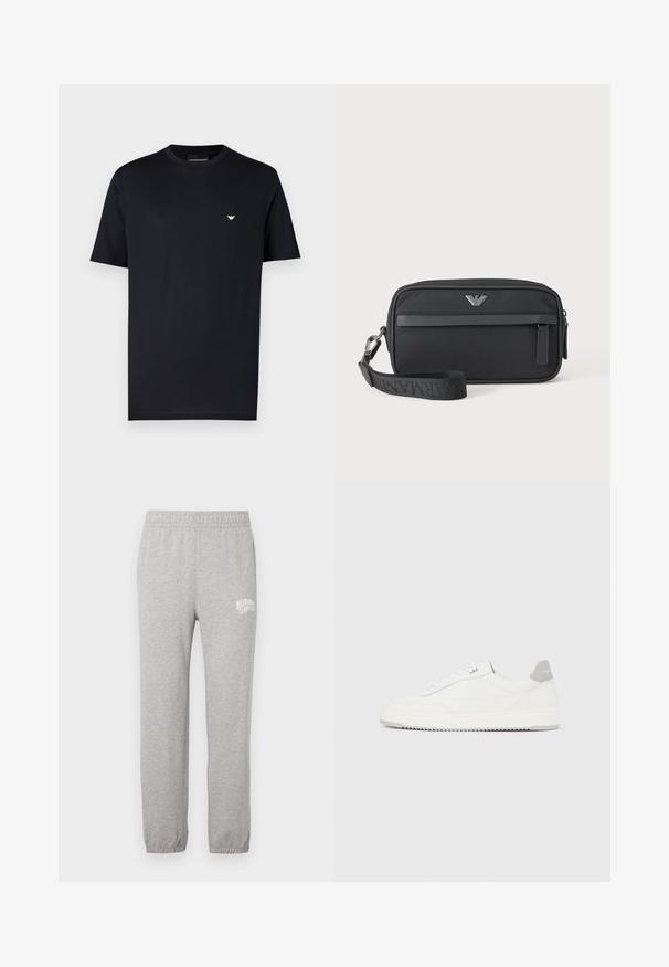Schwarzes Baumwoll-T-Shirt mit Rundhalsausschnitt, kurzen Ärmeln und kleinem goldenem Logo auf der Brust. Glatte Textur, Standardpassform.; Graue Baumwoll-Sweatpants mit elastischem Bund und zulaufenden Beinen. Besitzt ein weißes Logo auf dem linken Oberschenkel. Glatte Textur.; Weißer Sneaker mit niedrigem Schaft, grauem Fersenlaschen, weißen Schnürsenkeln und einer strukturierten Sohle, dargestellt vor einem schlichten hellen Hintergrund.; Schwarze rechteckige Armbanduhr-Tasche mit vorderer Reißverschlusstasche, silbernem Logo-Emblem und abnehmbarem Riemen mit gebrandetem Text.