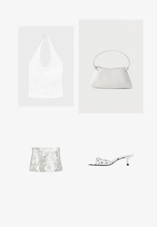 Haut blanc sans manches à encolure américaine, avec un profond col rond et une taille cintrée, présenté sur un fond clair et uni.; Pochette blanche couverte de grands sequins brillants et superposés, forme rectangulaire avec un bord supérieur légèrement courbé.; Sandale blanche à talon avec des pois noirs, bout ouvert, fines brides et un petit nœud à l'avant, vue de profil.; Sac à main en cuir tressé blanc avec poignée arrondie et extrémités de lanière nouées, présenté sur un fond uni.