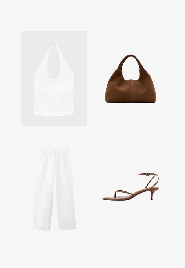 Haut blanc sans manches à encolure américaine, avec un profond col rond et une taille cintrée, présenté sur un fond clair et uni.; Jean en denim blanc taille haute à jambe large avec bouton frontal, fermeture éclair, passants pour ceinture et conception à cinq poches sur un fond uni.; Sandale à talons hauts en cuir marron avec fines brides, boucle d'orteil et boucle à la cheville sur un talon kitten.; Sac hobo en daim marron avec une anse large et arrondie et une forme souple et décontractée sur un fond blanc.