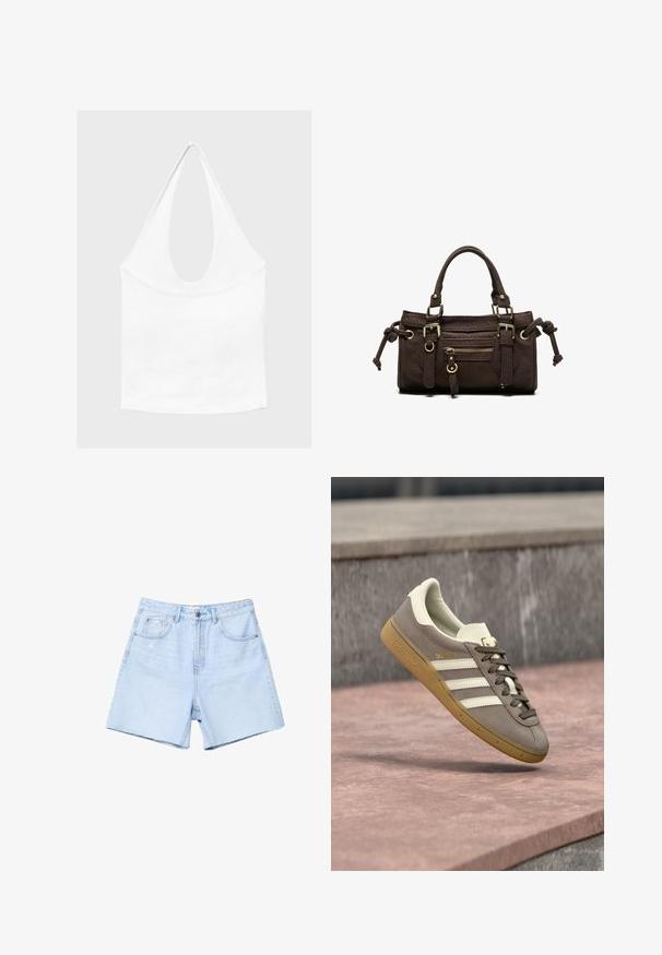 Haut blanc sans manches à encolure américaine, avec un profond col rond et une taille cintrée, présenté sur un fond clair et uni.; Shorts en denim bleu clair à taille haute, devant plat, avec cinq poches et ourlet brut. Le tissu est légèrement usé avec une décoloration subtile.; Baskets Adidas en suède marron clair avec des rayures blanches et une semelle gomme, suspendues au-dessus de marches en pierre rose en plein air.; Sac à main en cuir marron foncé avec double poignée, poche avant zippée, boucles décoratives et nœuds latéraux sur fond blanc.