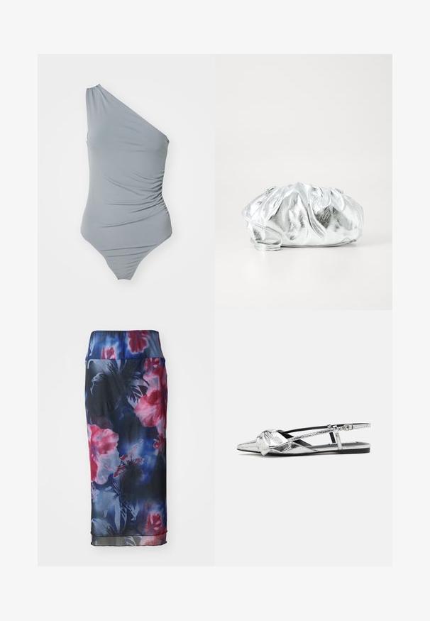 Én skulder grå badedragt med sammensamlet tekstur, glat stof og højskåret ben design. Enkel og minimal æstetik.; Blomstermønstret nederdel i mørkeblå med nuancer af pink og lilla, lavet af letvægtigt stof med en glat tekstur og elastisk talje.; Sølvmetallic slingback flade sko med spids tå, der har en knude-detalje foran og en justerbar rem for sikker pasform.; Metallisk sølv clutch taske med en blød, samlet krop og en tynd skulderrem. Har en glat, skinnende overflade og rund form.