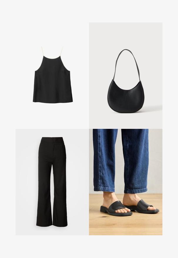 Sort ærmeløs camisole-top med hvide tynde skulderstropper og løs pasform på hvid baggrund.; Sorte bukser med bred benvidde, glat tekstur, høj talje og et enkelt design. Ingen synlige lommer eller udsmykninger.; Sorte slip-on sandaler lavet af glat materiale, med åben tå og en bred toprem, sat mod mørk denim bukser med lige pasform.; Sort læder skuldertaske i halvmåneform med en enkelt rem og diskret præget brandnavn på en ensartet lys baggrund.