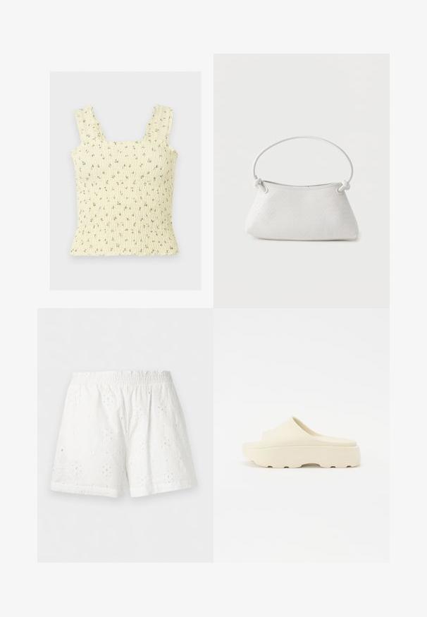 Gelbes, gerafftes Crop-Top mit Rüschen-Trägern und kleinem grauem Blumenmuster auf hellem Hintergrund.; Weiße Shorts mit elastischem Bund, floraler Lochstickerei und leicht strukturierter Stoff.; Beige Slippersandale mit einer glatten, gummiartigen Oberfläche, runder Zehenpartie, dicker Sohle und strukturiertem Boden für guten Halt. Minimalistisches Design.; Weiße gewebte Lederhandtasche mit abgerundetem Griff und verknoteten Riemenenden, vor schlichtem Hintergrund präsentiert.