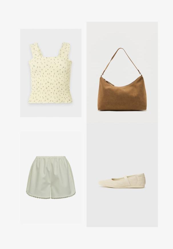 Gult rynket croptop med flæsekanter og lille gråt blomstermønster på en lys baggrund.; Kremfarvede satin-shorts med elastisk talje og bølget blonder langs siderne og kanten.; Lysebrune ballet flats med en glat læderoverflade, mandelformet tå og elastisk rem over vristen, med diskrete syninger.; Brun skuldertaske i ruskind med enkelt rem og lynlås øverst, vist mod en ensfarvet hvid baggrund.