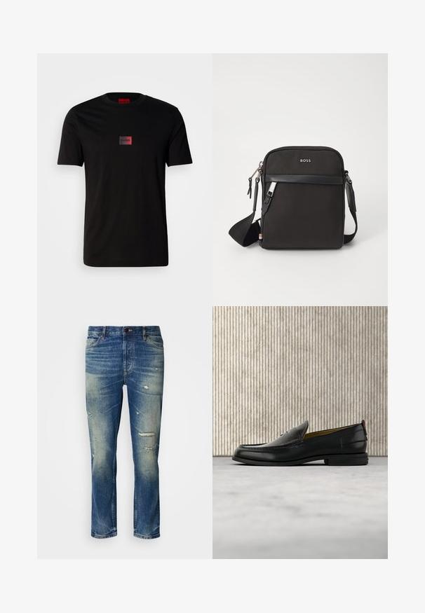 Schwarzes Baumwoll-T-Shirt mit einem kleinen rechteckigen Logo in Verlauf von Schwarz zu Rot auf der Brust. Kurze Ärmel und Rundhalsausschnitt.; Hellblaue Jeans aus Denim mit lässiger Passform, die abgenutzte Details, verblasste Stellen und einen klassischen Knopf- und Reißverschluss aufweisen.; Schwarzer Herren-Slipper aus Leder mit einer krokogeprägten Vorderkappe und einem niedrigen Absatz, im Profil vor neutralem Hintergrund gezeigt.; Schwarze Umhängetasche aus strukturiertem Stoff, mit Logo auf der Vorderseite, Reißverschluss und verstellbarem Tragegurt. Verfügt über eine glatte Lederbesatz.