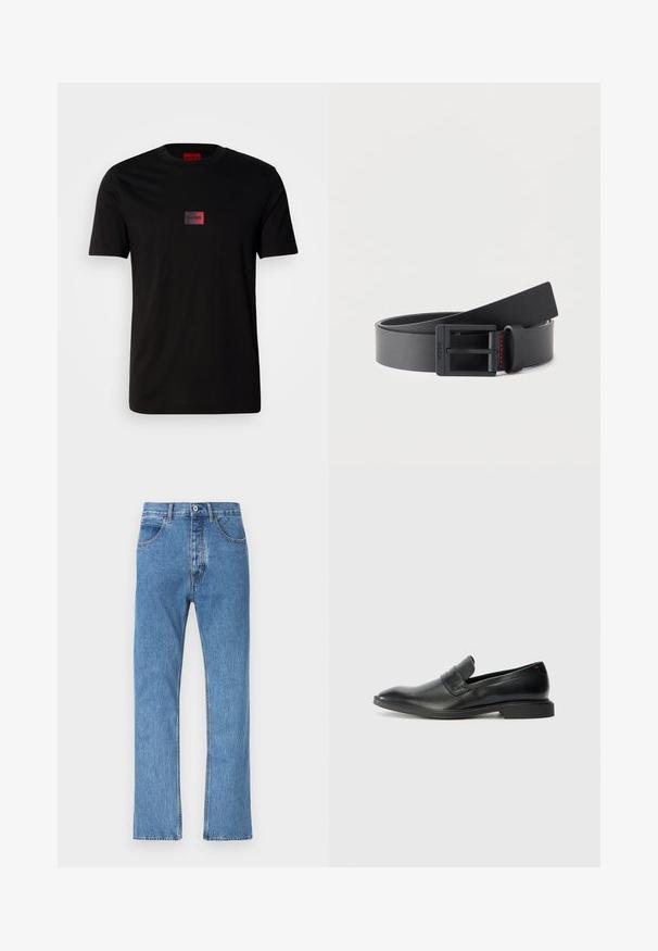 Μαύρο βαμβακερό T-shirt με μικρό ορθογώνιο λογότυπο σε διαβαθμισμένο μαύρο και κόκκινο χρώμα στο στήθος. Κοντά μανίκια και στρογγυλή λαιμόκοψη.; Μπλε τζιν με ίσια γραμμή, πέντε τσέπες, κλείσιμο με κουμπί και φερμουάρ, και διακριτική ξεθώριαση κατά μήκος του υφάσματος.; Μαύρες δερμάτινες λοφιέρες με απαλή υφή, μυτερή μύτη και χαμηλό ορθογώνιο τακούνι. Διαθέτουν οριζόντια λεπτομέρεια ζώνης στην πάνω πλευρά.; Μαύρη δερμάτινη ζώνη τυλιγμένη σε ρόλο, με ματ μαύρη ορθογώνια αγκράφα και λεπτή κόκκινη ραφή κοντά στον κρίκο της αγκράφας.