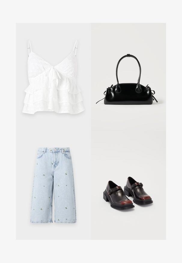 Weißes ärmelloses Oberteil mit V-Ausschnitt, vorderem Knoten-Detail und schichteten Rüschen mit durchgehender Lochstickerei.; Hellblaue Denim-Shorts mit floraler Stickerei, die Gänseblümchen und grüne Blätter zeigt. Klassisches Fünf-Taschen-Design und ein fransiger Saum.; Leder-Blockabsatzschuhe mit glänzender dunkelburgunderfarbener Oberfläche, ausgestattet mit einem Schnallenriemen und einem runden Zehendesign. Texturierte Außensohle für besseren Grip.; Kleine schwarze glänzende Handtasche mit zwei langen Griffen und seitlichen Kordelzug-Details vor einfachem hellem Hintergrund.