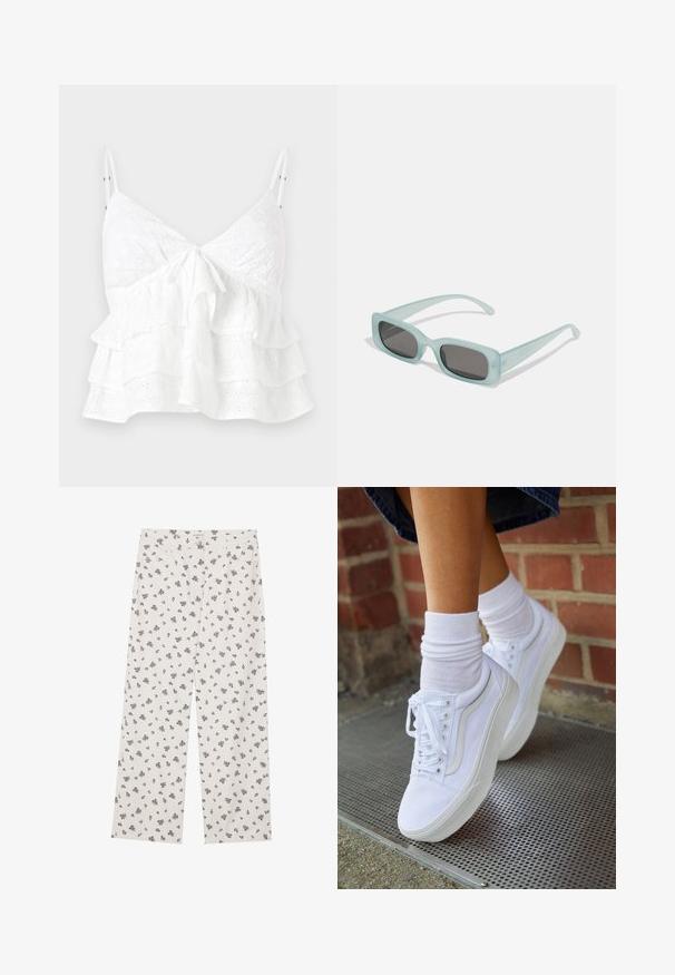 Witte mouwloze top met een V-hals, een strikdetail aan de voorkant en gelaagde ruches met oogjes borduursel overal.; Witte stoffen broek met een klein zwart bloemenpatroon, wijde pijpen, en een standaard tailleband met voorzakken.; Witte canvas sneakers met rubberen zolen, voorzien van zes vetertjes, een ronde neus en lichte stikdetails, gecombineerd met witte enkelsokken.; Een paar rechthoekige zonnebrillen met lichtblauwe doorzichtige monturen en donkergrijze glazen, met rechte pootjes en minimale hardwaredetails.