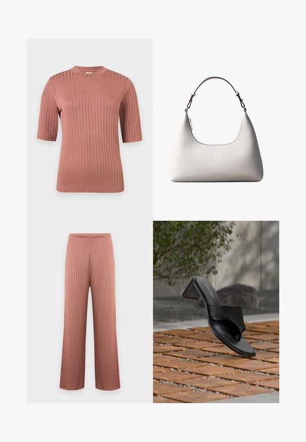 Haut à manches courtes rose poussiéreux à côtes avec col montant, silhouette ajustée et texture tricotée verticale.; Pantalon en maille côtelée à jambes larges couleur rose poudré avec une taille élastique et de fines rayures verticales, présenté sur un fond uni.; Sandale à talon noire Calvin Klein avec boucle pour l’orteil, posée sur un sol en carreaux de bois en extérieur, près d’un arbre et d’un mur en pierre.; Sac à bandoulière en cuir couleur crème de Calvin Klein avec bord supérieur incurvé, fermeture éclair argentée et sangle ajustable brun foncé.