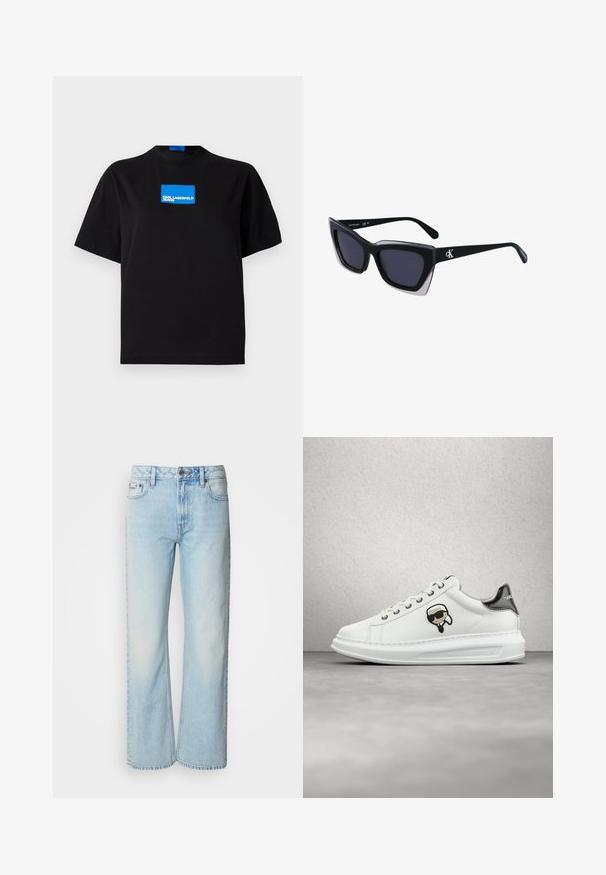 T-shirt noir en coton avec un col rond, présentant un logo graphique rectangulaire bleu portant l'inscription "KARL LAGERFELD JEANS" sur le devant.; Jeans à jambes larges bleu clair en denim, présentant un design classique à cinq poches et une texture légèrement décolorée. La couture en denim est visible.; Sneaker blanche Karl Lagerfeld avec un laçage front, patch logo noir et beige, et languette de talon argent métallique, flottant au-dessus d'un sol gris.; Lunettes de soleil noires surdimensionnées avec une forme géométrique, dotées de verres foncés et d'un détail gris contrastant sur la monture. Logo sur la branche.
