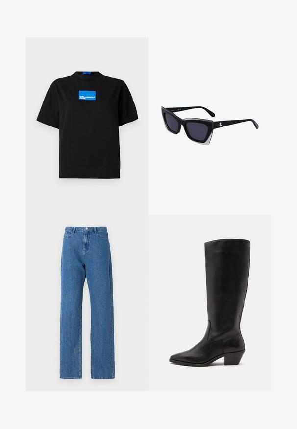 Musta puuvillainen t-paita, jossa on pyöreä pääntie ja etuosassa sininen suorakulmainen graafinen logo, jossa lukee "KARL LAGERFELD JEANS".; Vaalean siniset farkut korkealla vyötäröllä, leveillä lahkeilla ja klassisella viiden taskun suunnittelulla. Kankaassa on hienovarainen tekstuuri.; Musta keskisääreen ulottuva nahkasaapas, jossa on terävä kärkiosa ja matala vino korko yksinkertaisella vaalealla taustalla.; Mustat ylisuuret aurinkolasit, joissa on geometrinen muoto, tummat linssit ja kehykseen erottuva harmaa yksityiskohta. Logo varressa.