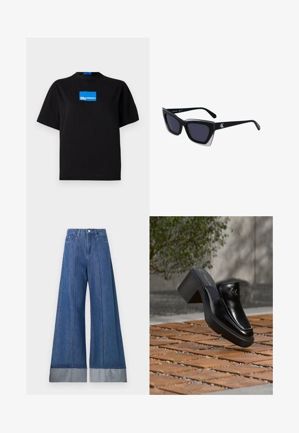 Čierne bavlnené tričko s okrúhlym výstrihom, na prednej strane s modrým obdĺžnikovým grafickým logom s nápisom "KARL LAGERFELD JEANS".; Džínsy so širokými nohavicami v stredne modrom denime, so zvýšeným pásom, dvoma prednými vreckami a kontrastným svetlejším denimovým lemovaním na spodnej časti.; Čierne kožené šľapky Calvin Klein s blokovým podpätkom, ktoré oddychujú na drevených dlaždiciach vonku blízko zelenej rastliny a šedej steny.; Čierne oversized slnečné okuliare s geometrickým tvarom, s tmavými šošovkami a kontrastným šedým detailom na ráme. Logo na mostíku.