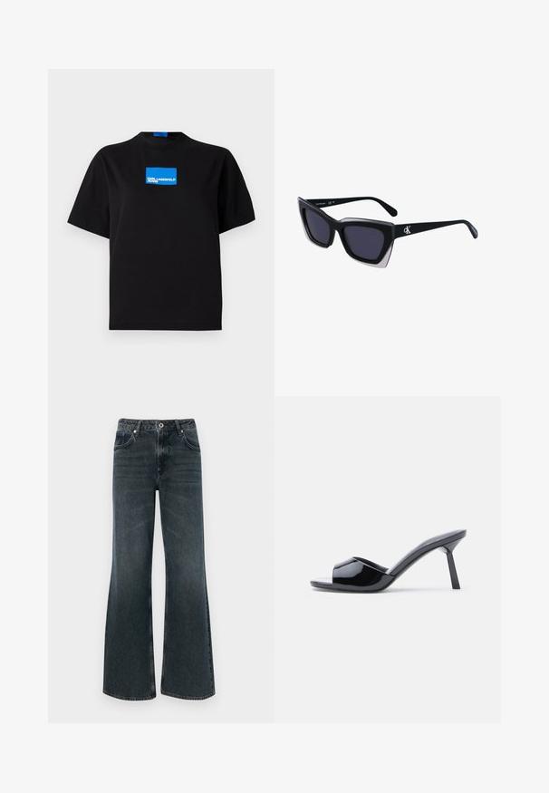 Musta puuvillainen t-paita, jossa on pyöreä pääntie ja etuosassa sininen suorakulmainen graafinen logo, jossa lukee "KARL LAGERFELD JEANS".; Tummanpesun farkut, joissa on leveät lahkeet ja korkea vyötärö. Mallissa on viisi taskua, nappikiinnitys ja hienovaraiset haalistumat kankaassa.; Musta kiiltävä patenttinahasta valmistettu avokärkinen korkokenkä, jossa on käyrä yläosa ja kapeneva piikkikorko. Sileä kiiltävä pinta.; Mustat ylisuuret aurinkolasit, joissa on geometrinen muoto, tummat linssit ja kehykseen erottuva harmaa yksityiskohta. Logo varressa.