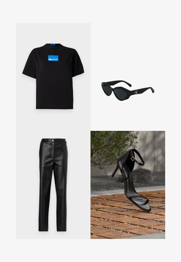Sort bomulds T-shirt med rund halsudskæring, der har et blåt rektangulært grafisk logo med teksten "KARL LAGERFELD JEANS" på forsiden.; Sorte faux læderbukser med krokodillemønster, slim fit, lige ben design, med frontknaplukning og standard taljebånd.; Sort højhælet sandal med ankelsnor, der ser ud til at svæve over et trægulv udendørs med sløret grønt og sten i baggrunden.; Sorte katteøje solbriller med en glat finish, mørke linser og et "cK"-logo på stangen. Vinklet design og tykke stel.