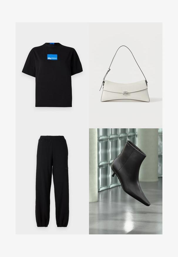 Mustad puuvillane T-särk ümarate kaelustega, mille esipaneelil on sinine ristkülikukujuline graafiline logo tekstiga "KARL LAGERFELD JEANS".; Mustad mustmed elastaaniga puuvillasegusest kangast, millel on elastne vöökoht ja kummist pahkluude osa. Üksik logodetail külgedel.; Mustast nahast pahkluu saabas terava varbaotsaga ja väikese kontsaga, esitletud klaasplokkidest seina ja poleeritud põranda taustal.; Valge nahk õlakott kaareva klapi, musta äärega, reguleeritava rihma ja hõbedase dekoratiivse klambriga ühevärvilisel taustal.