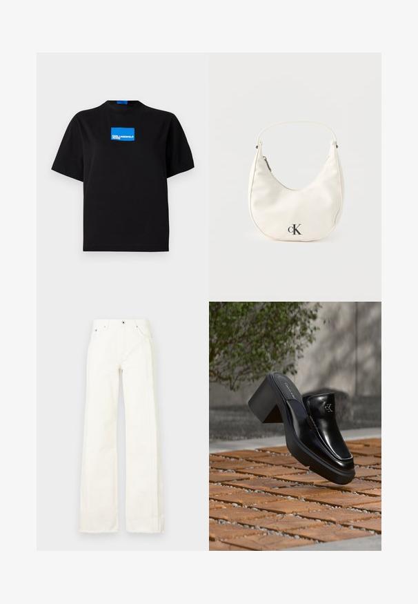 Sort bomulds T-shirt med rund halsudskæring, der har et blåt rektangulært grafisk logo med teksten "KARL LAGERFELD JEANS" på forsiden.; Hvide wide-leg jeans i denim med frayed kanter langs siderne, frontlommer og en klassisk knap- og lynlåsåbning.; Sort læder Calvin Klein slip-on mule med blokhæl, der hviler på trætøj udendørs nær en grøn plante og en grå væg.; Lille hvid halvmåneformet håndtaske med kort rem, lynlås og sort "cK"-logo foran.