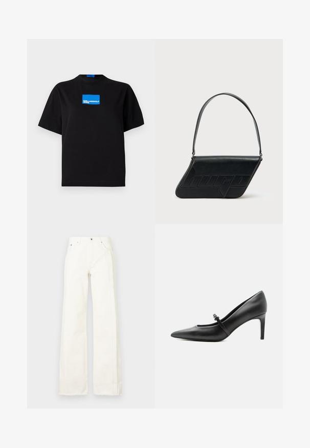 Camiseta de algodón negra con cuello redondo, que presenta un logo gráfico rectangular azul etiquetado "KARL LAGERFELD JEANS" en la parte frontal.; Vaqueros blancos de pernera ancha, fabricados en denim, con bordes deshilachados a lo largo de los lados, bolsillos delanteros y un cierre clásico de botón y cremallera.; Zapato de tacón alto de cuero negro con punta puntiaguda, con tira fina y hebilla sobre el empeine, sobre fondo claro y neutro.; Bolso de hombro de cuero negro con forma triangular, logo en relieve y una sola correa ajustable. Diseño minimalista con textura suave.