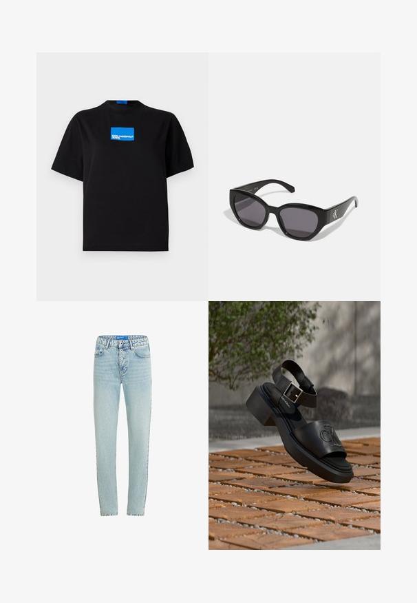 Sort bomulds T-shirt med rund halsudskæring, der har et blåt rektangulært grafisk logo med teksten "KARL LAGERFELD JEANS" på forsiden.; Lysblå denimjeans med lige pasform, fem lommer og knaplukning. Har slidte områder og forstærket syning ved sømmene.; Sort læder-sandal fra Calvin Klein med ankelrem og spænde, der svæver over et udendørs gulv af træ og stentegl.; Sorte solbriller med et strømlinet, vinklet design, mørke linser og et kontrasterende sølvlogo på siden. Glat plastoverflade.
