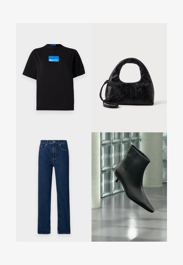 Camiseta de algodón negra con cuello redondo, que presenta un logo gráfico rectangular azul etiquetado "KARL LAGERFELD JEANS" en la parte frontal.; Vaqueros de denim azul oscuro con piernas rectas, diseño de cinco bolsillos, costuras visibles y cierre de botón metálico en la cintura.; Botín negro de cuero con punta puntiaguda y tacón bajo estilo kitten, mostrado en ángulo sobre un suelo pulido y con una pared de bloques de vidrio de fondo.; Bolso de mano de piel negra con un asa curva en la parte superior, un sutil patrón de diamantes y una correa desmontable. La textura es suave con detalles en relieve.
