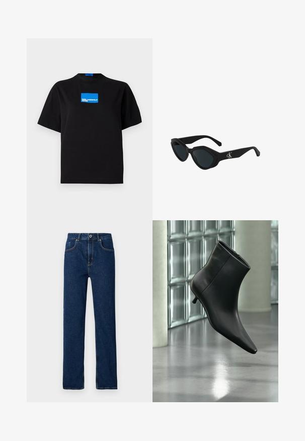 Camiseta de algodón negra con cuello redondo, que presenta un logo gráfico rectangular azul etiquetado "KARL LAGERFELD JEANS" en la parte frontal.; Vaqueros de denim azul oscuro con piernas rectas, diseño de cinco bolsillos, costuras visibles y cierre de botón metálico en la cintura.; Botín negro de cuero con punta puntiaguda y tacón bajo estilo kitten, mostrado en ángulo sobre un suelo pulido y con una pared de bloques de vidrio de fondo.; Gafas de sol negras con forma de ojo de gato, acabado brillante, lentes oscuros y un logo "cK" en la patilla. Diseño angular y montura gruesa.